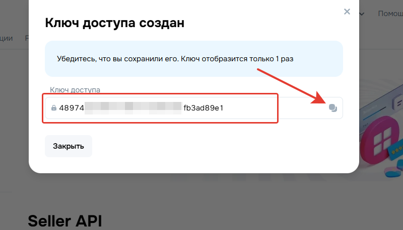 Окно с готовым API-ключом Ozon